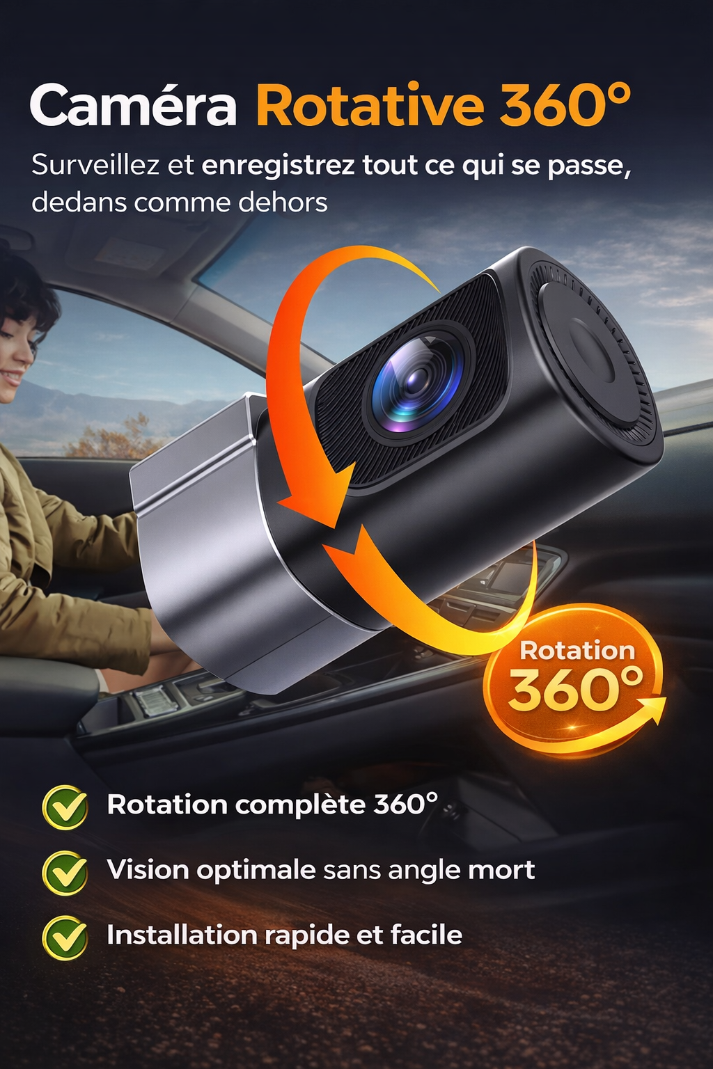Caméra Embarquée 360° WiFi – Dashcam Rotative HD Sans Angle Mort