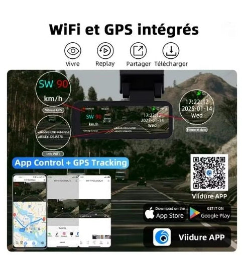 Caméra Voiture 4K WiFi  GPS avec caméra arrière + mode parking 24/7