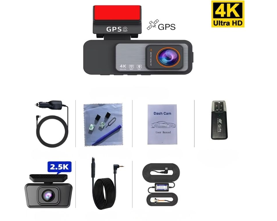 Caméra Voiture 4K WiFi  GPS avec caméra arrière + mode parking 24/7